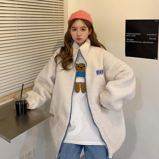 新款羊羔绒时尚百搭卫衣女冬开衫外套韩版高领加绒加厚大码立领卫衣女外套 商品图0