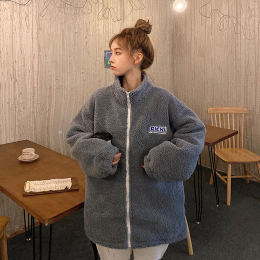 新款羊羔绒时尚百搭卫衣女冬开衫外套韩版高领加绒加厚大码立领卫衣女外套 商品图3