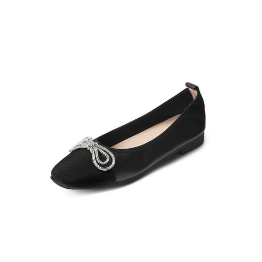 西村名物2022年春季新款水钻撞色蝴蝶结甜美平底豆豆鞋浅口粗跟温柔单鞋女T22AE17561 商品图3