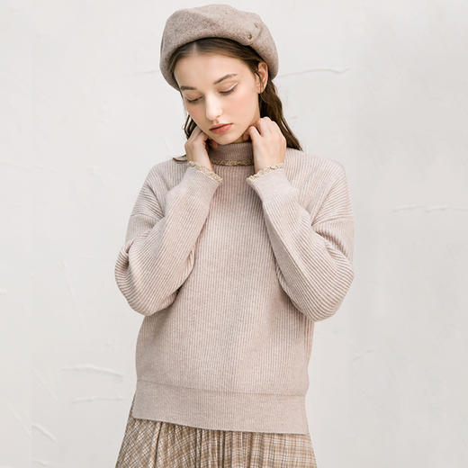 Famecoco范可儿蕾丝拼接高领毛衣冬针织上衣女F218DC003 商品图3