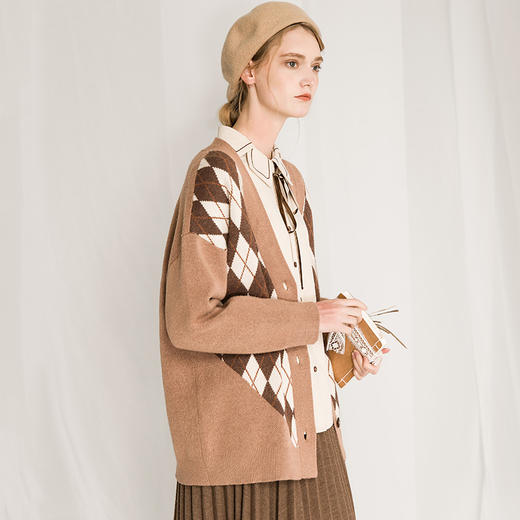 Famecoco范可儿v领毛衣外套开衫女学院风上衣冬F218DA001 商品图1