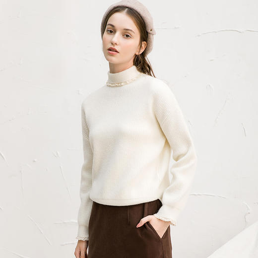 Famecoco范可儿蕾丝拼接高领毛衣冬针织上衣女F218DC003 商品图2