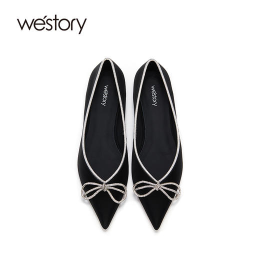 westory气质亮钻蝴蝶结尖头单鞋纯色真皮平底鞋一脚蹬浅口女鞋S22AE54231 商品图1