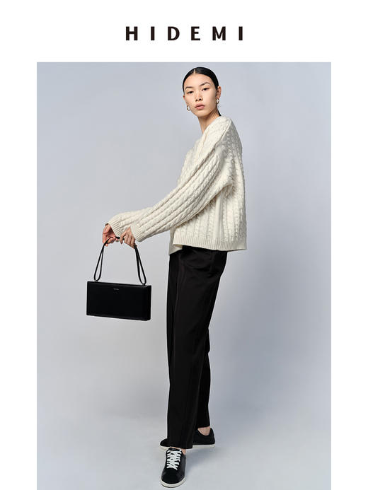 HIDEMI 美利奴羊毛系列原白色绞花粗针厚款圆领毛衣 商品图2
