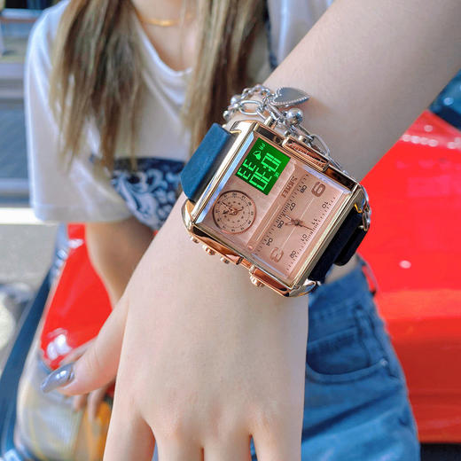 官方正品欧洲站霸气方形手表女气质高级感真皮时尚夜光防水电子表 商品图0
