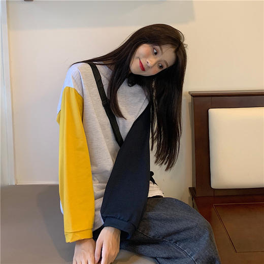 新款时尚百搭撞色薄款拼接设计感卫衣女秋甜酷上衣拼色长袖打底衫女装 商品图1