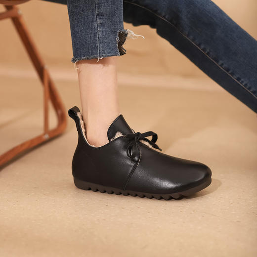 西村名物2021秋冬新款圆头系带加绒保暖毛毛鞋牛皮软底复古毛靴平底靴子女X21CM36351 商品图1