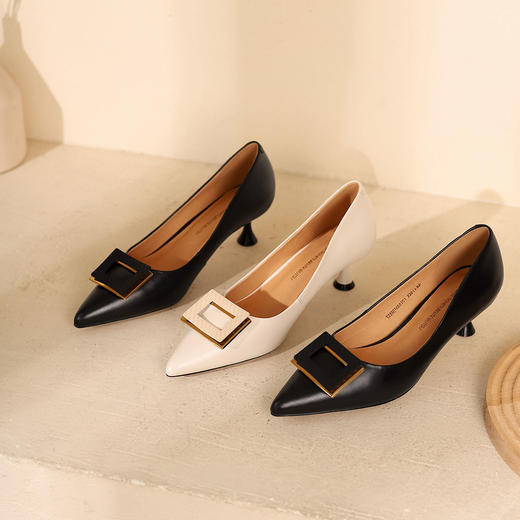 西村名物2021秋冬新款时尚舒适尖头饰扣浅口高跟鞋气质优雅单鞋女T22AE16801 商品图2