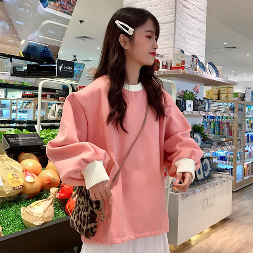 加绒加厚 棉质卫衣女 2021秋冬韩版时尚新款抓绒宽松学生上衣女装 商品图3