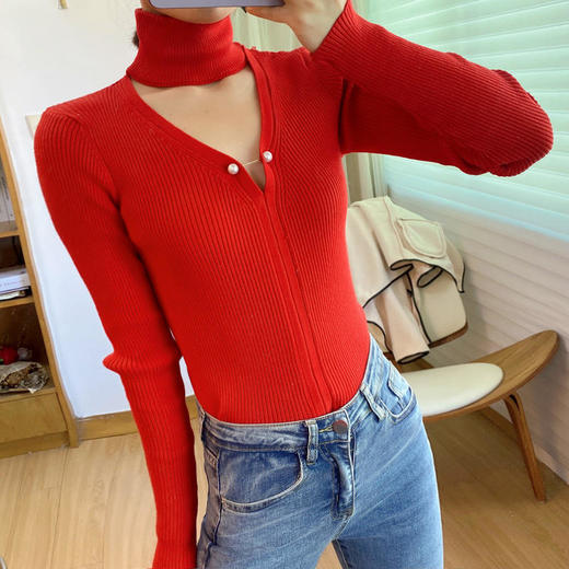 DL6503 挂脖V领针织衫设计感高领长袖上衣可拆卸打底衫毛衣内搭 商品图0