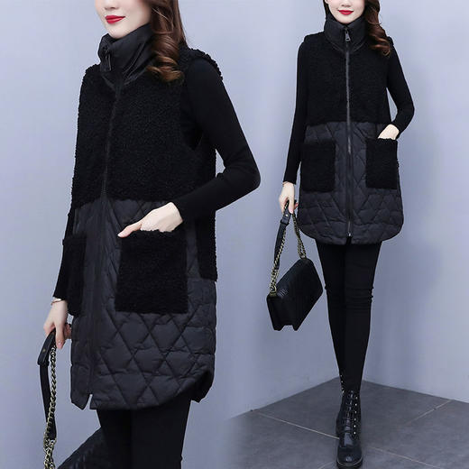 AA HL大码韩版时尚洋气仿羊羔毛拼接夹棉马甲 商品图1