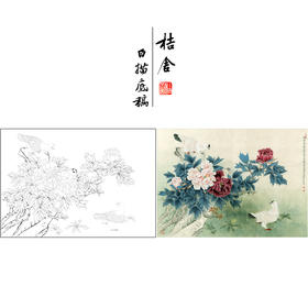 【有步骤、大彩图】工笔画白描底稿《春光明媚》牡丹花鸟线稿KG02