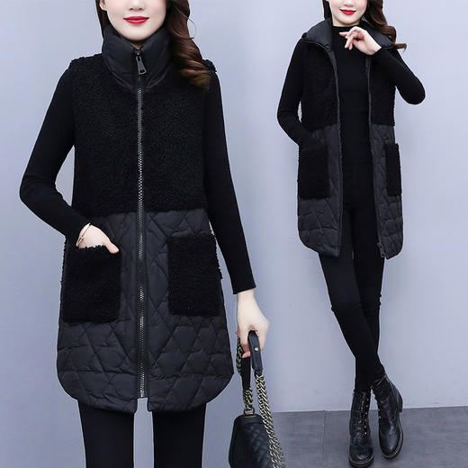 AA HL大码韩版时尚洋气仿羊羔毛拼接夹棉马甲 商品图2
