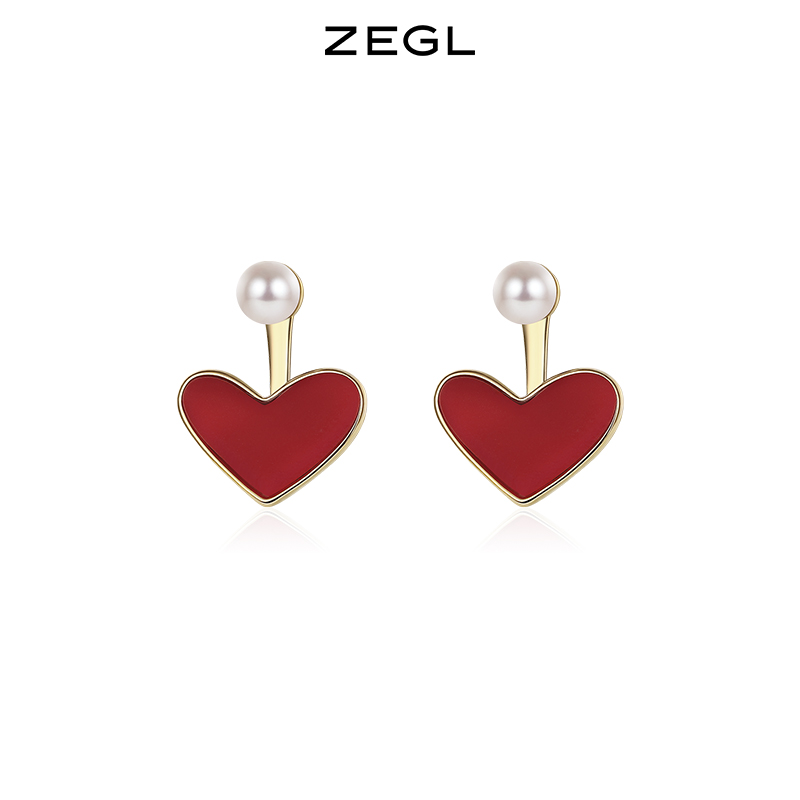 ZEGL法式爱心耳环女高级感人造珍珠红色耳钉时尚925银针秋冬耳饰