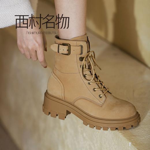 西村名物2021秋冬新品马丁靴牛皮革中跟英伦风系带短靴X21DS46191 商品图2