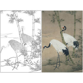 【有步骤、大彩图】李晓明工笔画白描稿《竹鹤图轴》竹子仙鹤临摹勾线花鸟线稿KG24