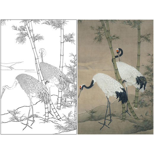 【有步骤、大彩图】李晓明工笔画白描稿《竹鹤图轴》竹子仙鹤临摹勾线花鸟线稿KG24 商品图0