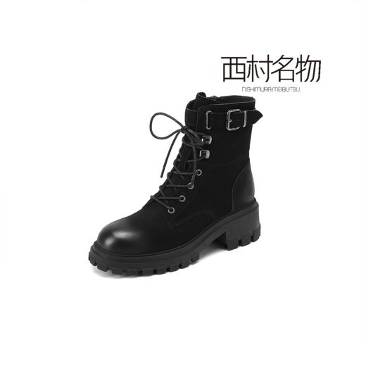 西村名物2021秋冬新品马丁靴牛皮革中跟英伦风系带短靴X21DS46191 商品图4