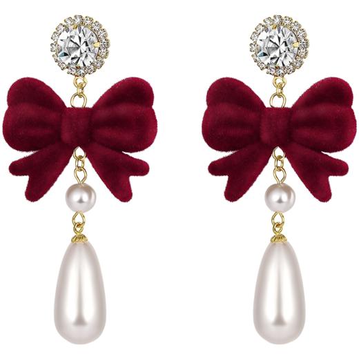 ZEGL圣诞蝴蝶结耳环女复古港风赫本人造珍珠耳钉925银针秋冬耳饰 商品图7