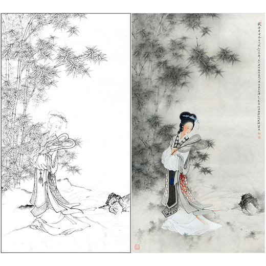 【有步骤、大彩图】李晓明竖幅工笔传统仕女人物画白描底稿《临王叔晖仕女图》KG22 商品图0