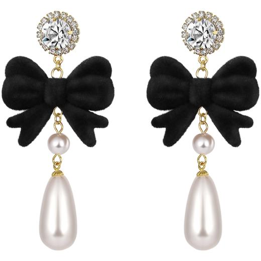 ZEGL圣诞蝴蝶结耳环女复古港风赫本人造珍珠耳钉925银针秋冬耳饰 商品图8