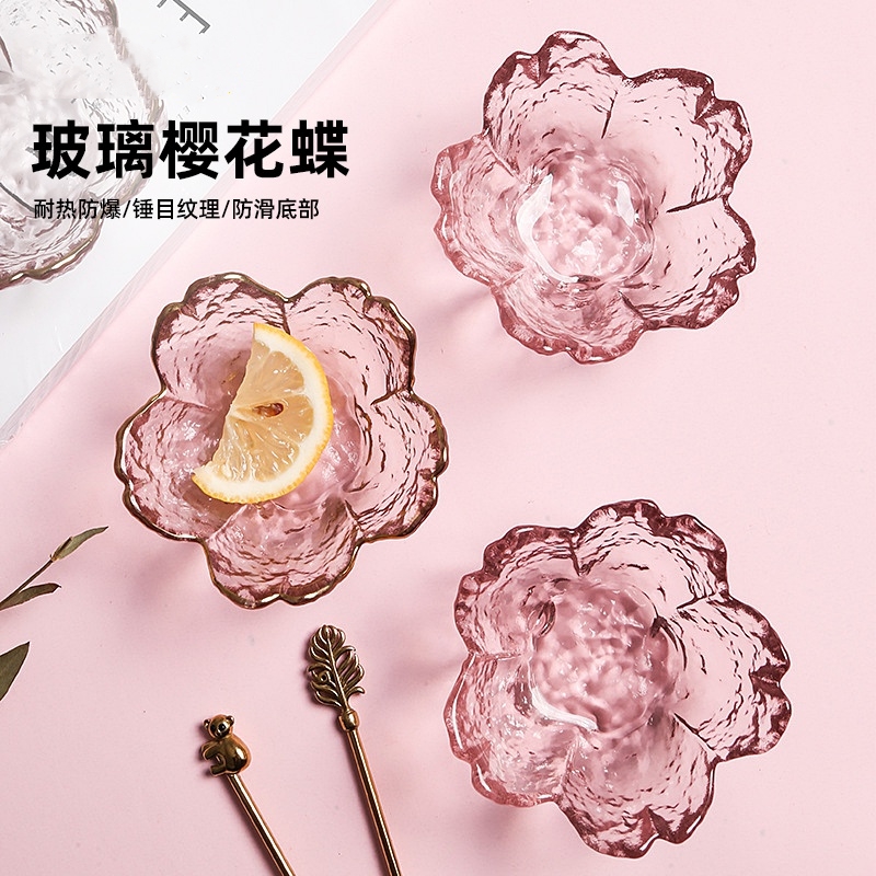 【3个特惠装！超美锤纹樱花碟】日式匠心工艺，创意粉色花瓣碟，一物多用，用它放东西，看着都能多吃几碗！家用蘸料碟玻璃餐具调味碟