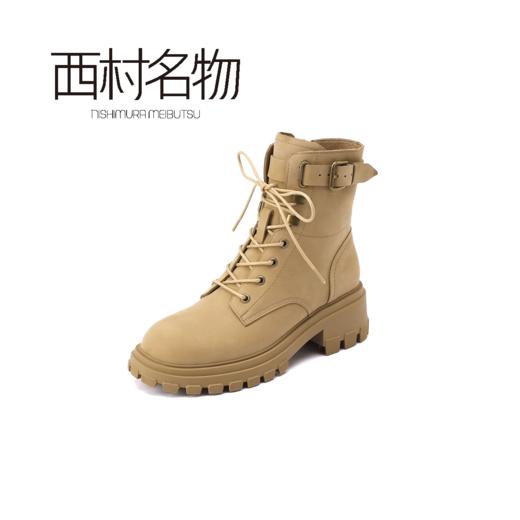西村名物2021秋冬新品马丁靴牛皮革中跟英伦风系带短靴X21DS46191 商品图5