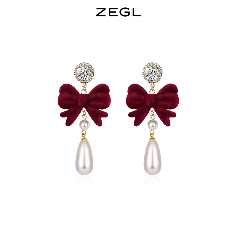 ZEGL圣诞蝴蝶结耳环女复古港风赫本人造珍珠耳钉925银针秋冬耳饰