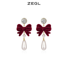 ZEGL圣诞蝴蝶结耳环女复古港风赫本人造珍珠耳钉925银针秋冬耳饰