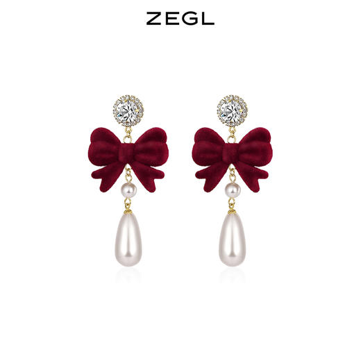 ZEGL圣诞蝴蝶结耳环女复古港风赫本人造珍珠耳钉925银针秋冬耳饰 商品图0