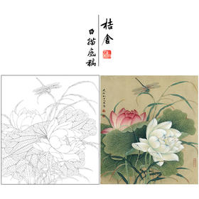 【有步骤、大彩图】李晓明工笔画白描底稿斗方小品《临余稚荷花蜻蜓》临摹勾线花鸟线稿KG23