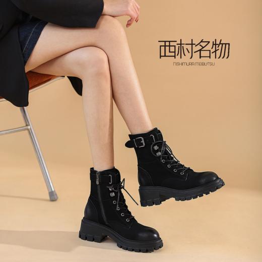 西村名物2021秋冬新品马丁靴牛皮革中跟英伦风系带短靴X21DS46191 商品图1