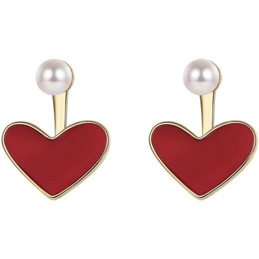 ZEGL法式爱心耳环女高级感人造珍珠红色耳钉时尚925银针秋冬耳饰 商品图2