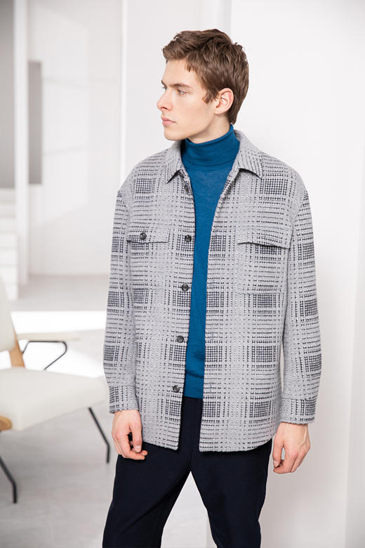 callisto灰黑格羊毛混纺翻领薇廓外套  FQFEJ016Y 商品图1