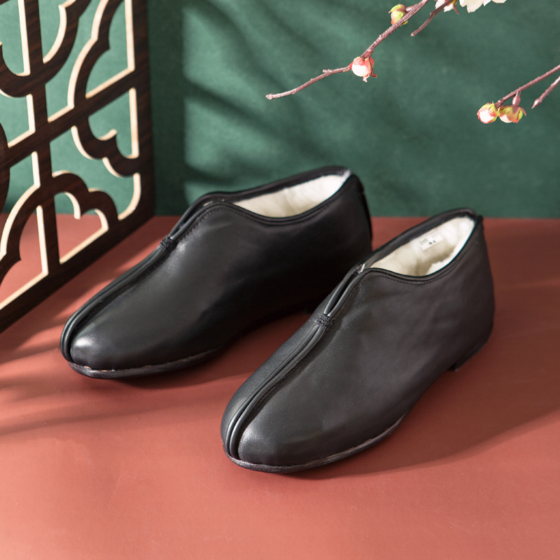 内联升男鞋手工棉鞋镶芯皮底冬季保暖男羊毛安棉皮便鞋7302A