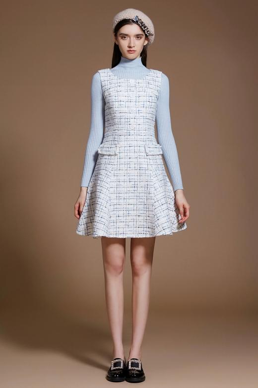 蓝灰粗纺花呢无袖修身连衣裙 商品图1