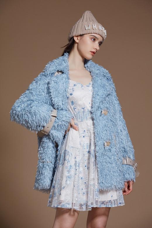 蓝色流苏毛绒两用领宽松外套 商品图6