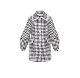 灰白千鸟格廓形袖毛呢大衣