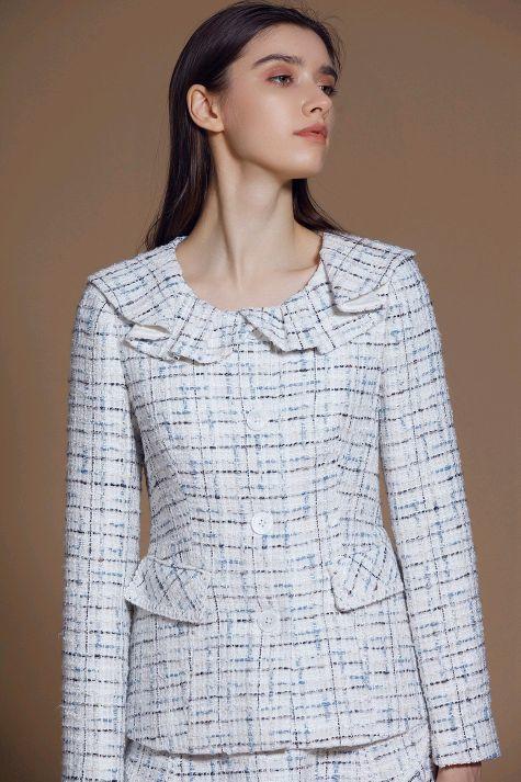 蓝灰粗纺花呢荷叶领修身短外套 商品图5