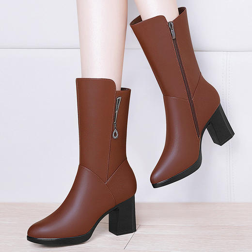 【服饰鞋包】中筒马丁靴女式皮靴英伦风 秋冬新款厚底粗跟高跟加绒靴子 商品图1