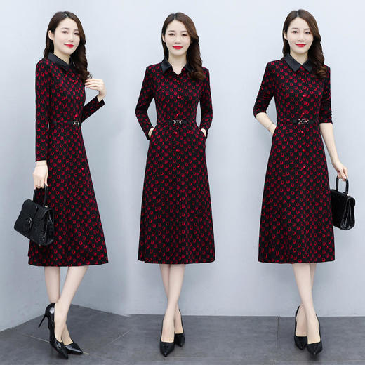 保暖修身，加厚加绒长袖女气质显瘦复古印花打底连衣裙HR-XYFS6257 商品图1
