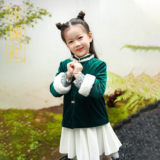 小嫒记女童连衣裙秋冬绿色新款长袖中国风礼服公主裙子-岁晴 商品图1