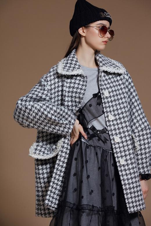 灰白千鸟格廓形袖毛呢大衣 商品图5