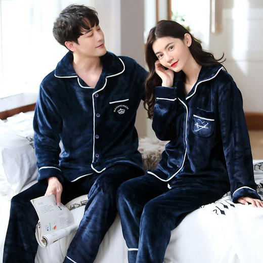 【珊瑚绒情侣睡衣】冬季情侣家居服纯色金丝绒开衫套装男女士睡衣 商品图0