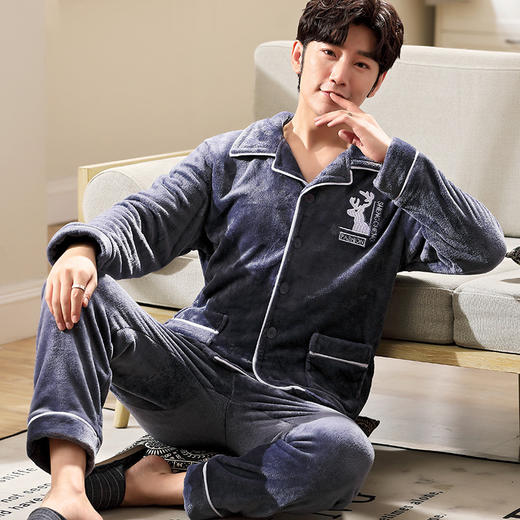 【珊瑚绒情侣睡衣】冬季情侣家居服纯色金丝绒开衫套装男女士睡衣 商品图4