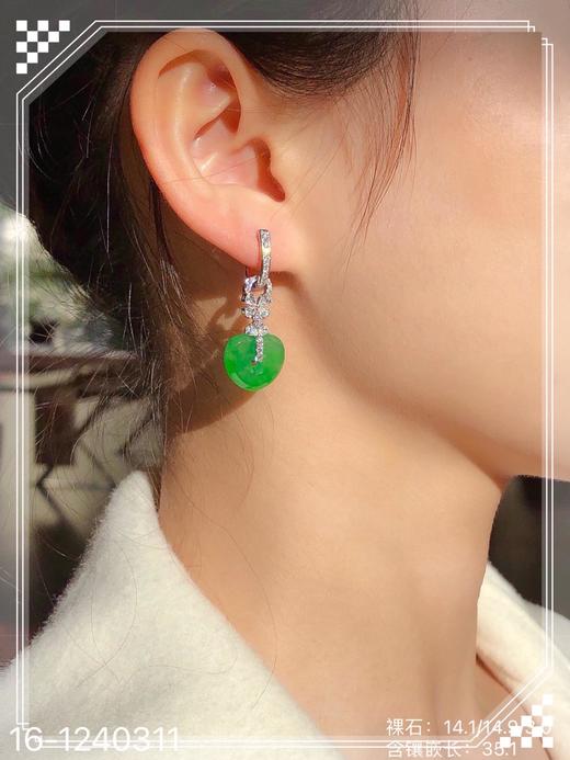 玻璃种艳绿桃心耳饰  99999【16-1240311】 商品图7