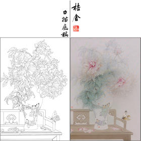 【有步骤】王震工笔画白描底稿《当时事》博古花瓶初学者临摹花鸟线稿WZ04