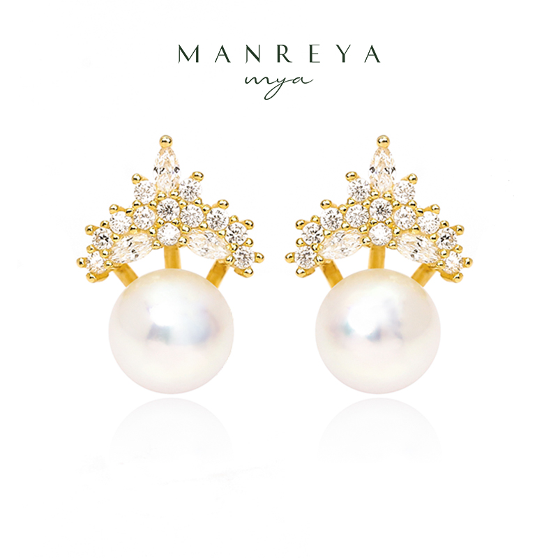 Manreya玛芮雅「冰雪女王」锆石S925银镀金淡水AK珍珠皇冠耳钉（不含项链）