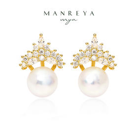 Manreya玛芮雅「冰雪女王」锆石S925银镀金淡水AK珍珠皇冠耳钉（不含项链）