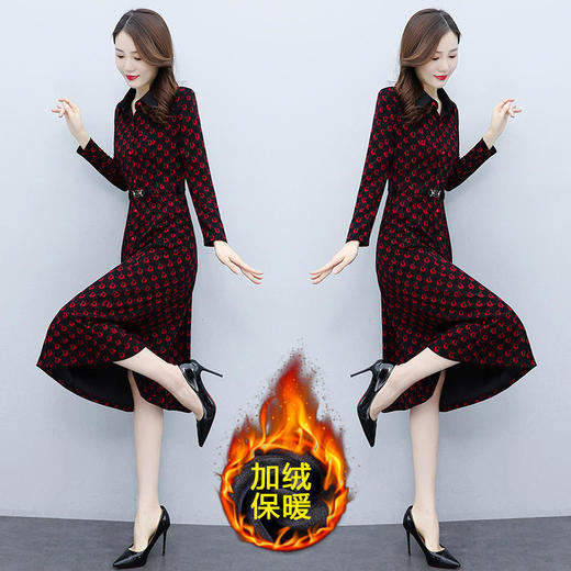 保暖修身，加厚加绒长袖女气质显瘦复古印花打底连衣裙HR-XYFS6257 商品图0